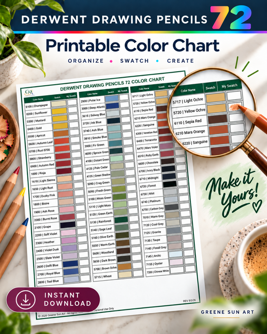 Derwent Drawing Pencils 72-Color Chart | Printable Swatch Reference (PDF Download)