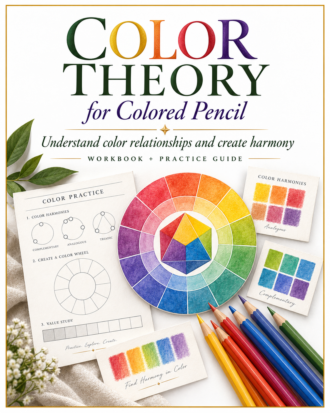 Color Theory for Colored Pencils illustrated guide showing color wheel relationships, color harmonies, value scales, and warm and cool colors.