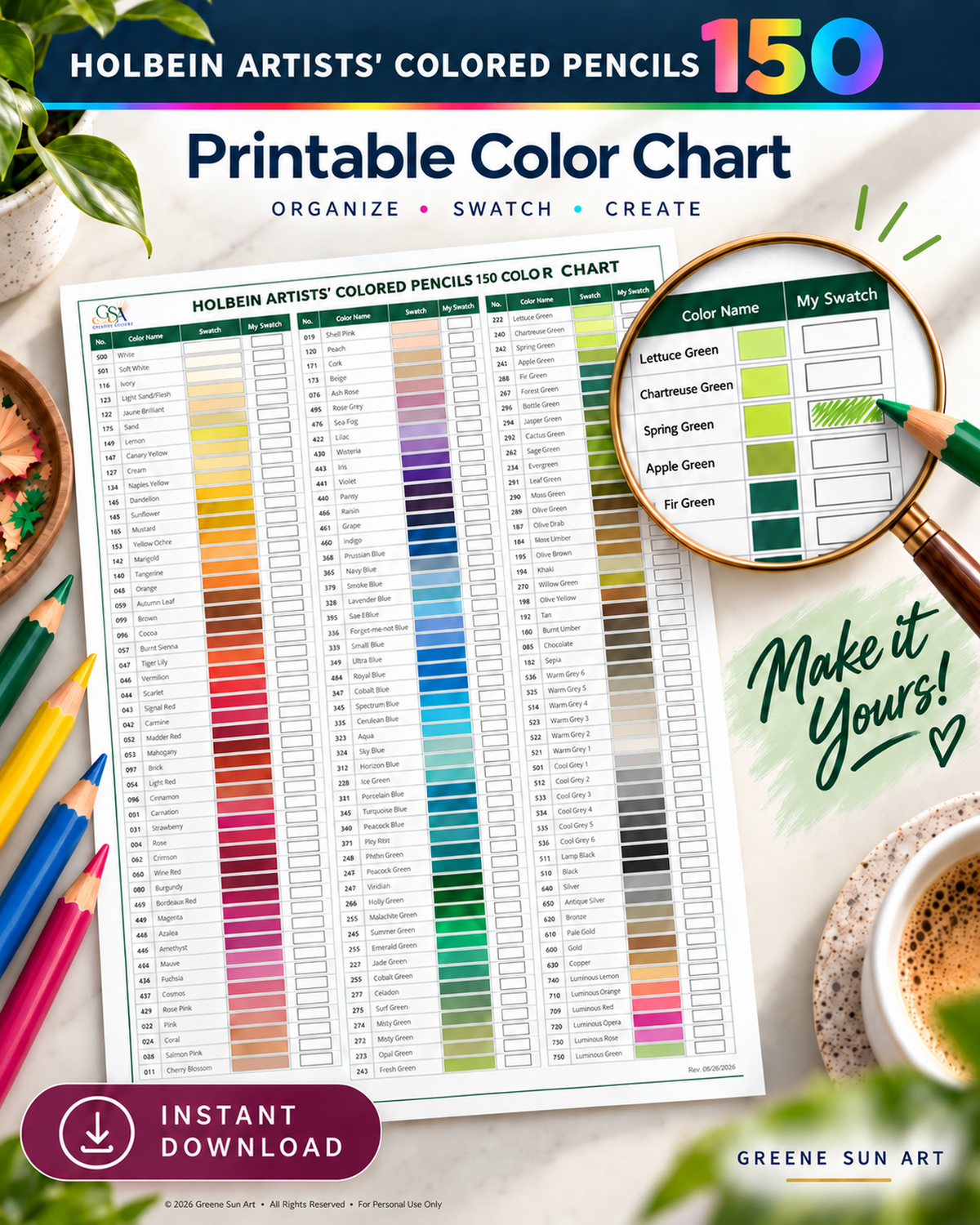 Holbein Colored Pencil Chart | 150 Color Reference | Printable PDF